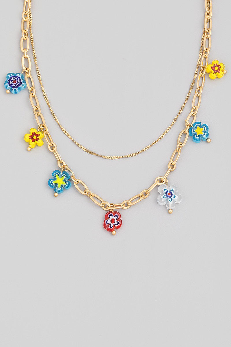 Layered Chain Link Flower Bead Necklace
