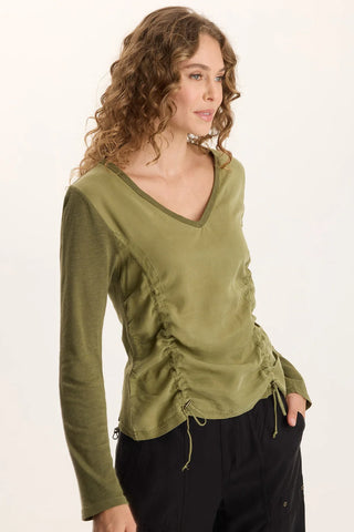 Ketti Long Sleeve Twill/Jersey Ruched V-Neck