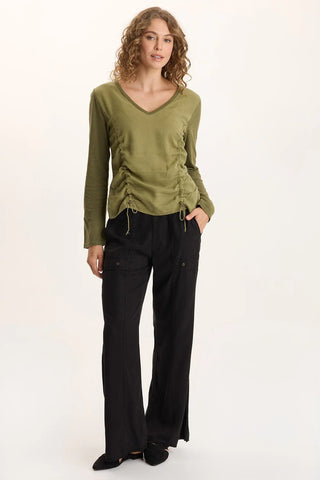 Ketti Long Sleeve Twill/Jersey Ruched V-Neck