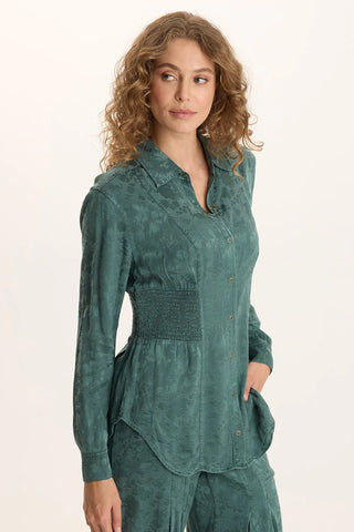 Senneca Textured Satin Shirred Peplum Button-Up Blouse