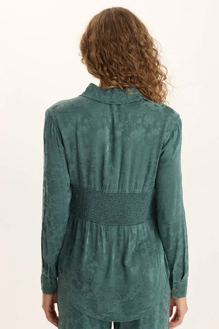 Senneca Textured Satin Shirred Peplum Button-Up Blouse