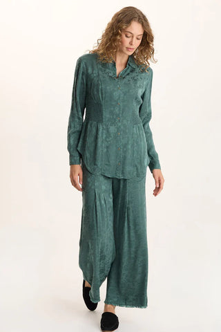 Senneca Textured Satin Shirred Peplum Button-Up Blouse