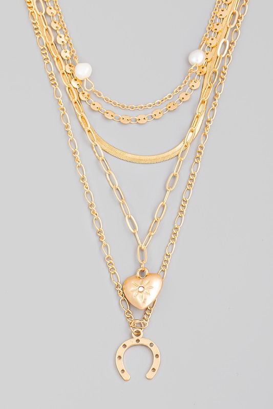 Layered Heart Horseshoe Charm Necklace