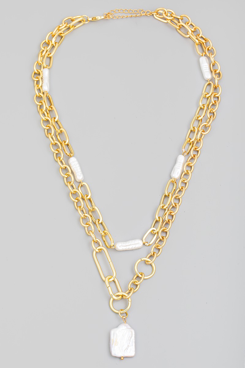 Square Pearl Charm Layered Chain Link Necklace