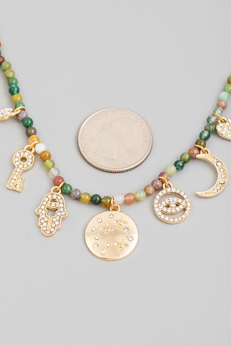 Key Coin Moon Charm Beaded Necklace