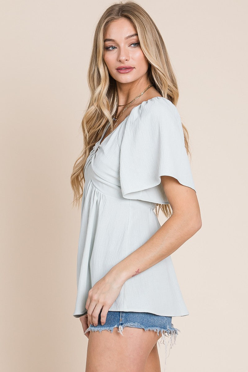 Light Sage Split Neck Crinkled Blouse