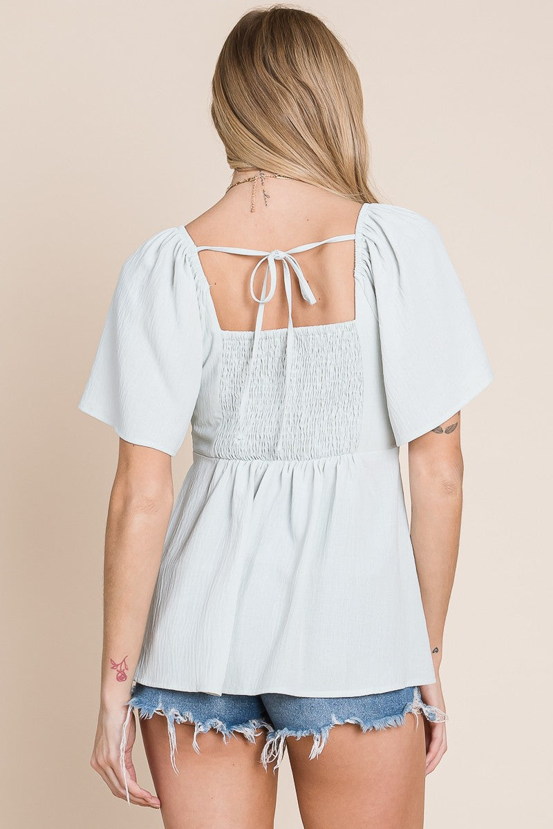 Light Sage Split Neck Crinkled Blouse