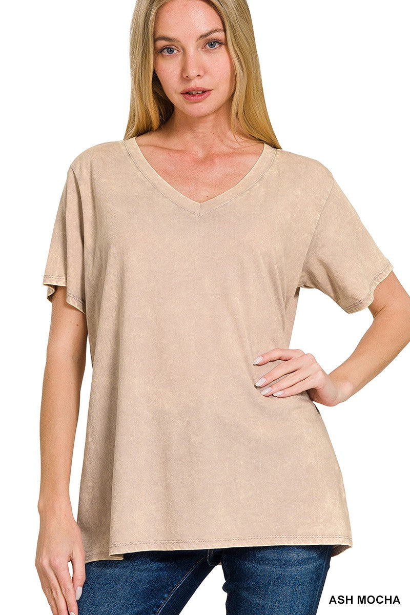 Washed Short Sleeve V-Neck Top - Ash Mocha