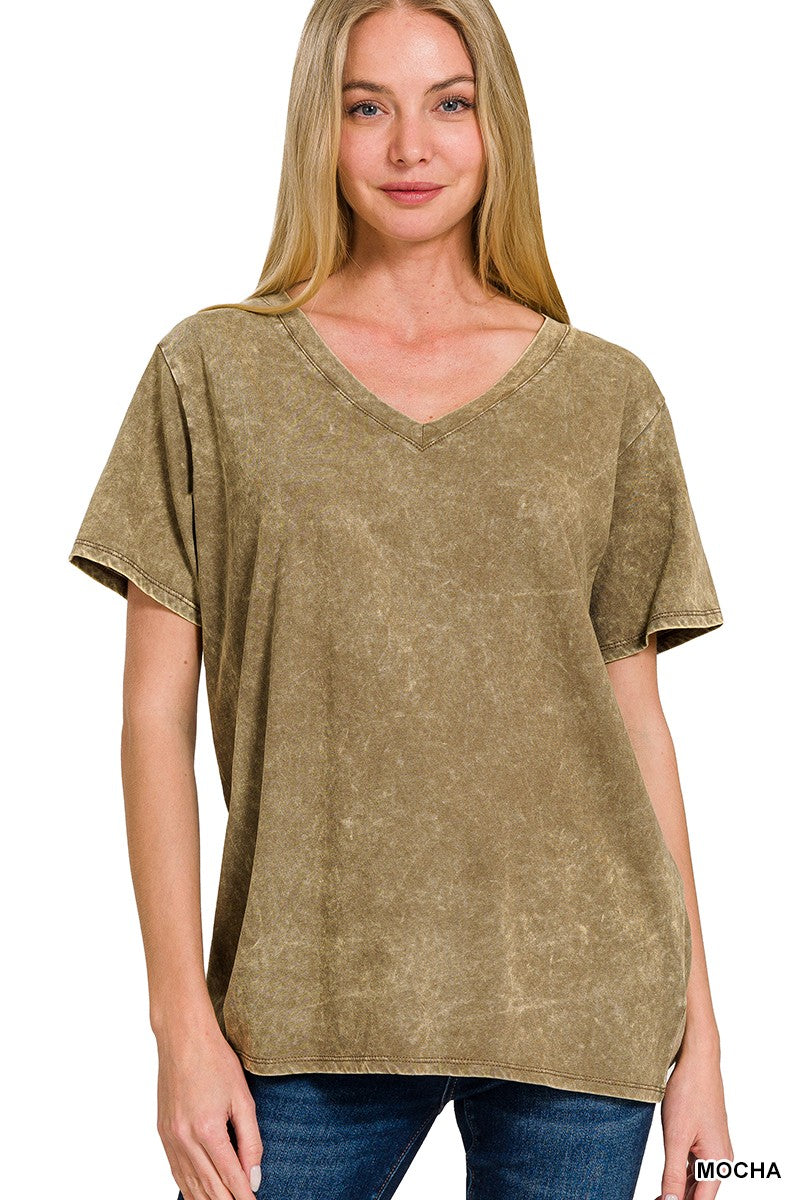 Washed Short Sleeve V-Neck Top - Mocha