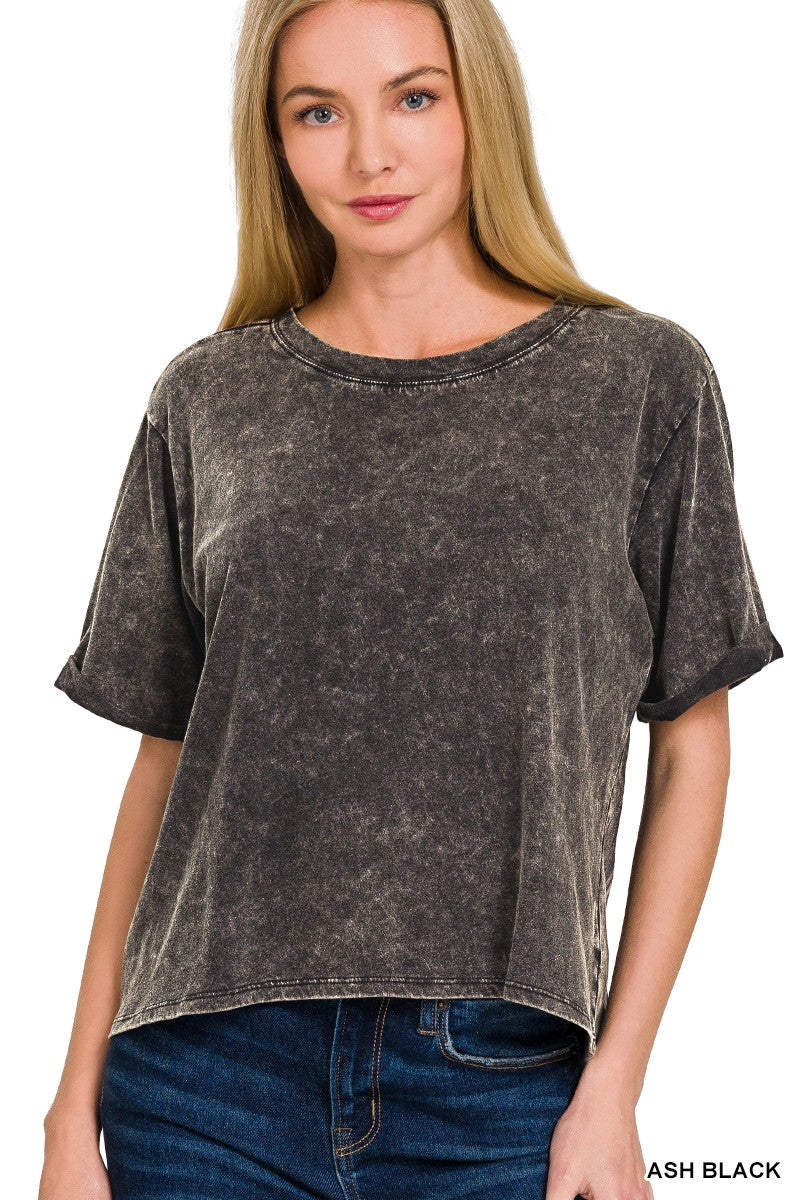 Ash Black ACID WASH ROLL-CUFF SHORT SLEEVE CROP TOP