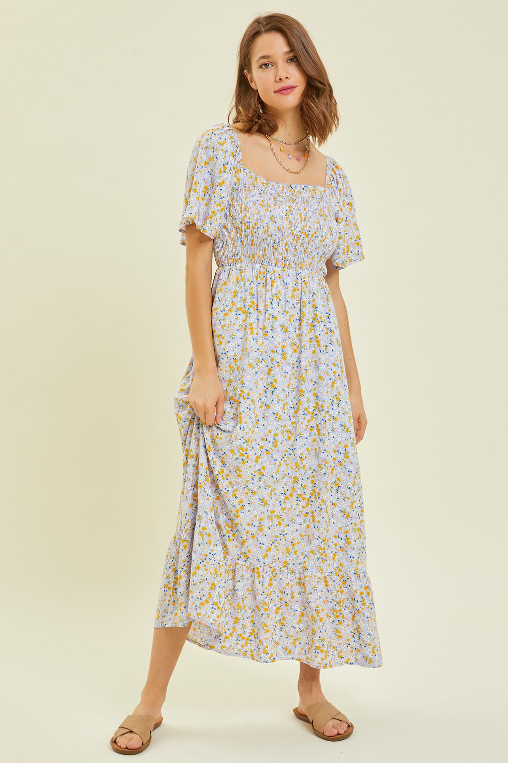 Square Neck Smocked Floral Midi Dress - Blue