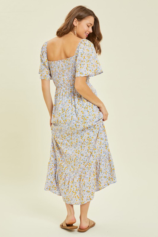 Square Neck Smocked Floral Midi Dress - Blue