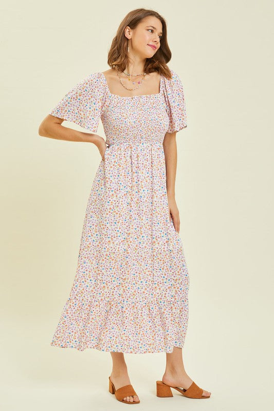 Square Neck Smocked Floral Midi Dress - White