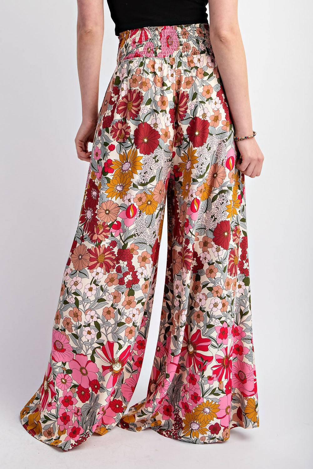 Flare Wide Leg Smocked Long Pants - Rose