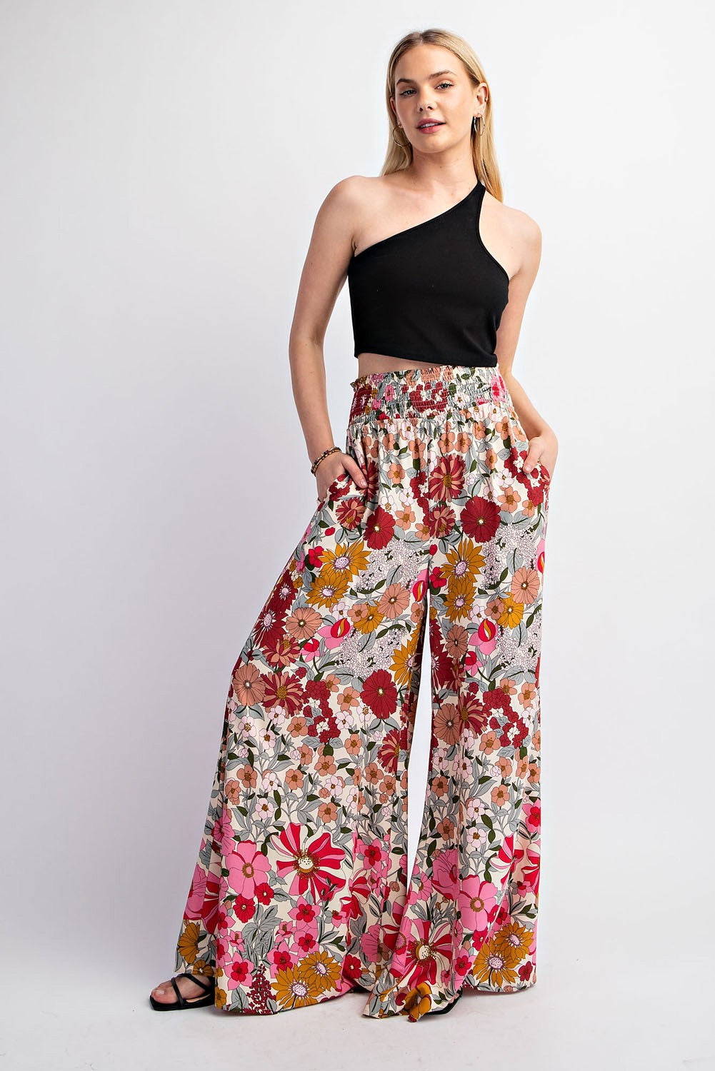 Flare Wide Leg Smocked Long Pants - Rose