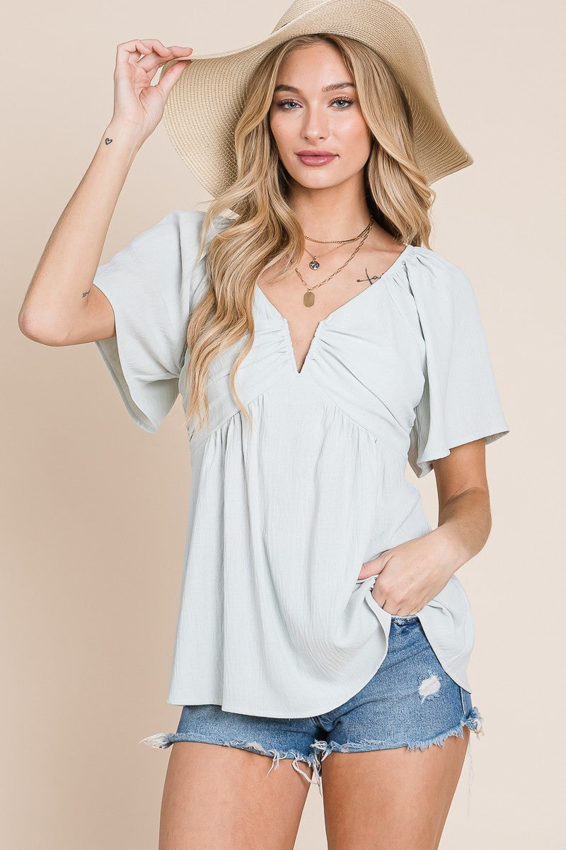 Light Sage Split Neck Crinkled Blouse