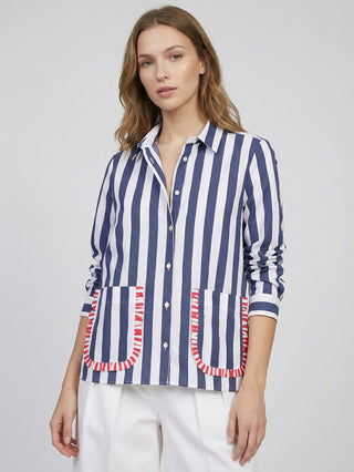 Striped Navy Shirt with Frilled Pockets