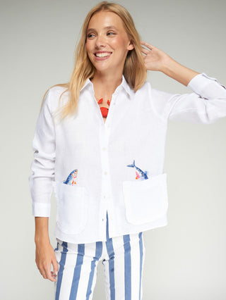 White Shirt w/ Embroidered Fish