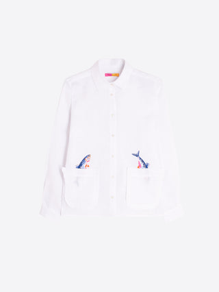 White Shirt w/ Embroidered Fish