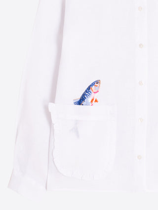 White Shirt w/ Embroidered Fish