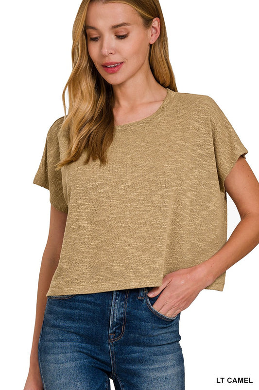 ROUND NECK SLUB HACCI CROPPED TOP Tan