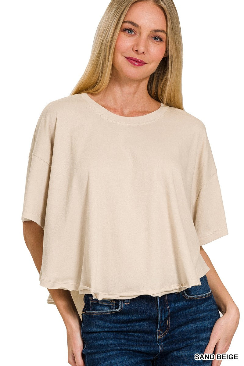 Cotton Round Neck Short Sleeve Top - Sand