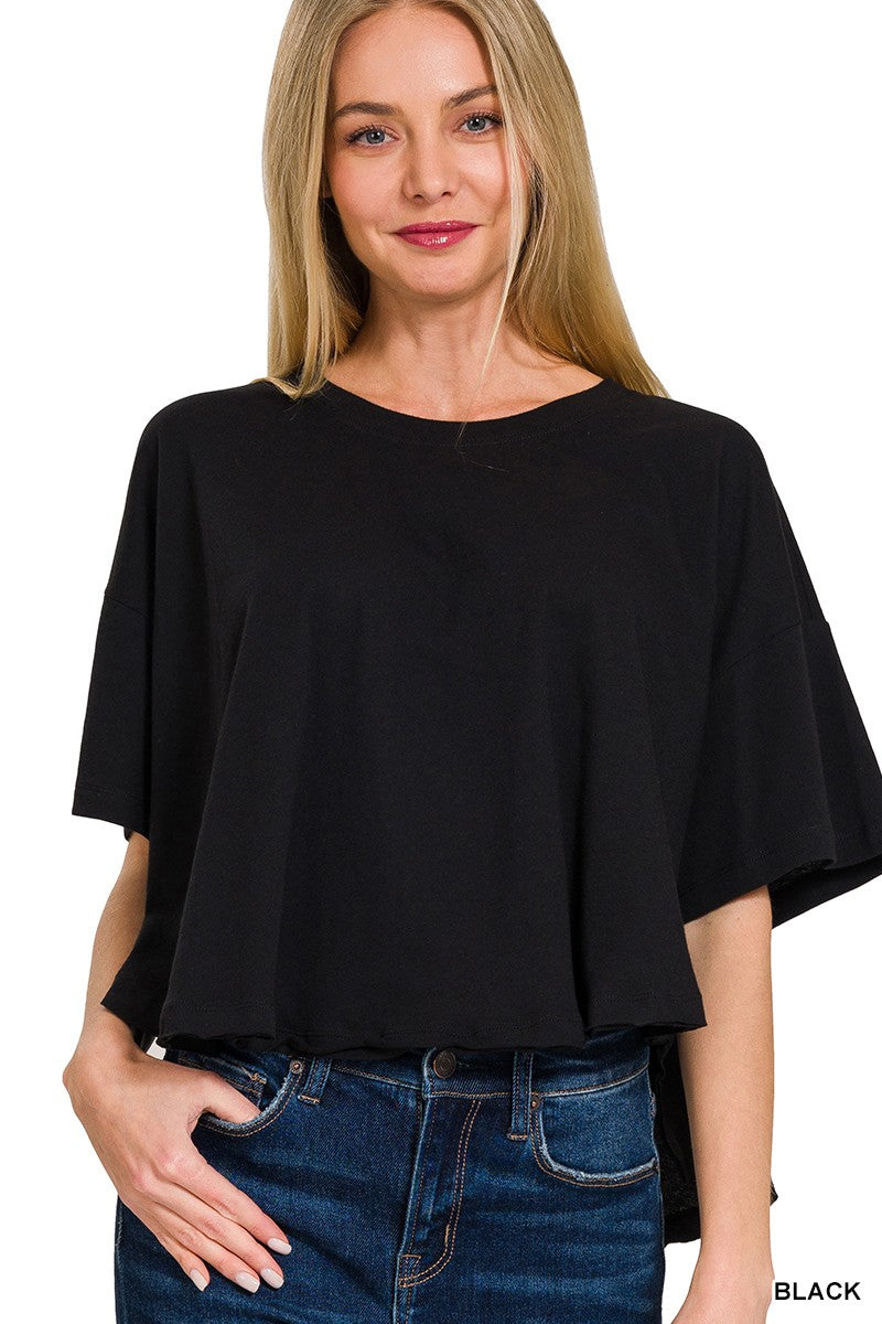 Cotton Round Neck Short Sleeve Top - Black