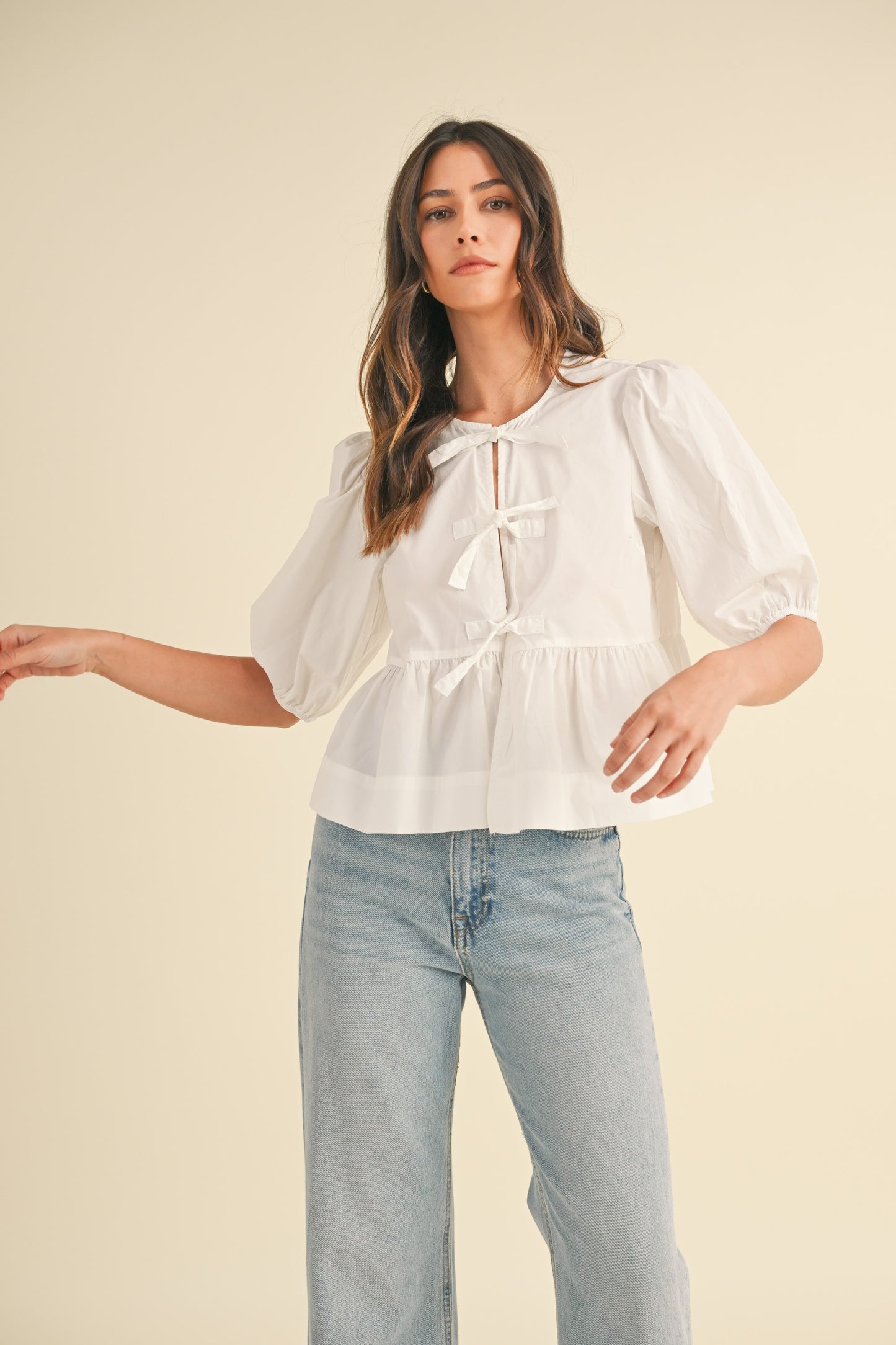 Poplin Front Self Tie Peplum Top