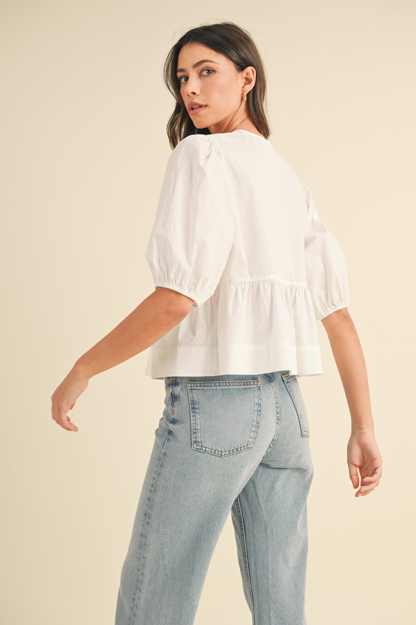 Poplin Front Self Tie Peplum Top