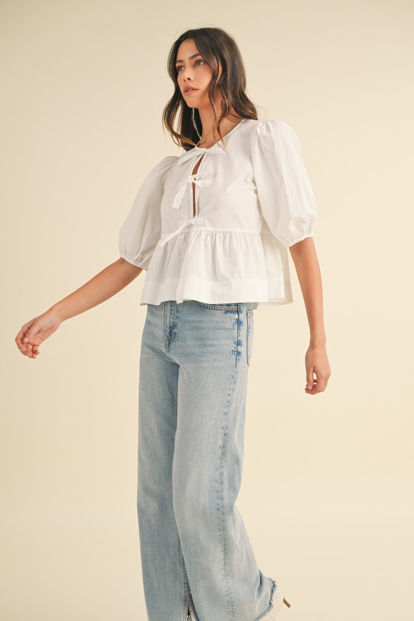 Poplin Front Self Tie Peplum Top