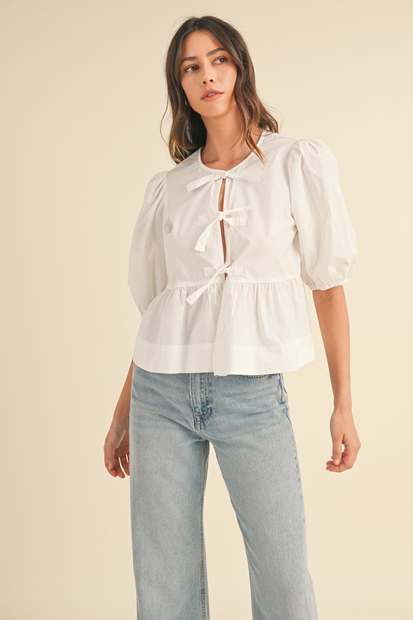 Poplin Front Self Tie Peplum Top