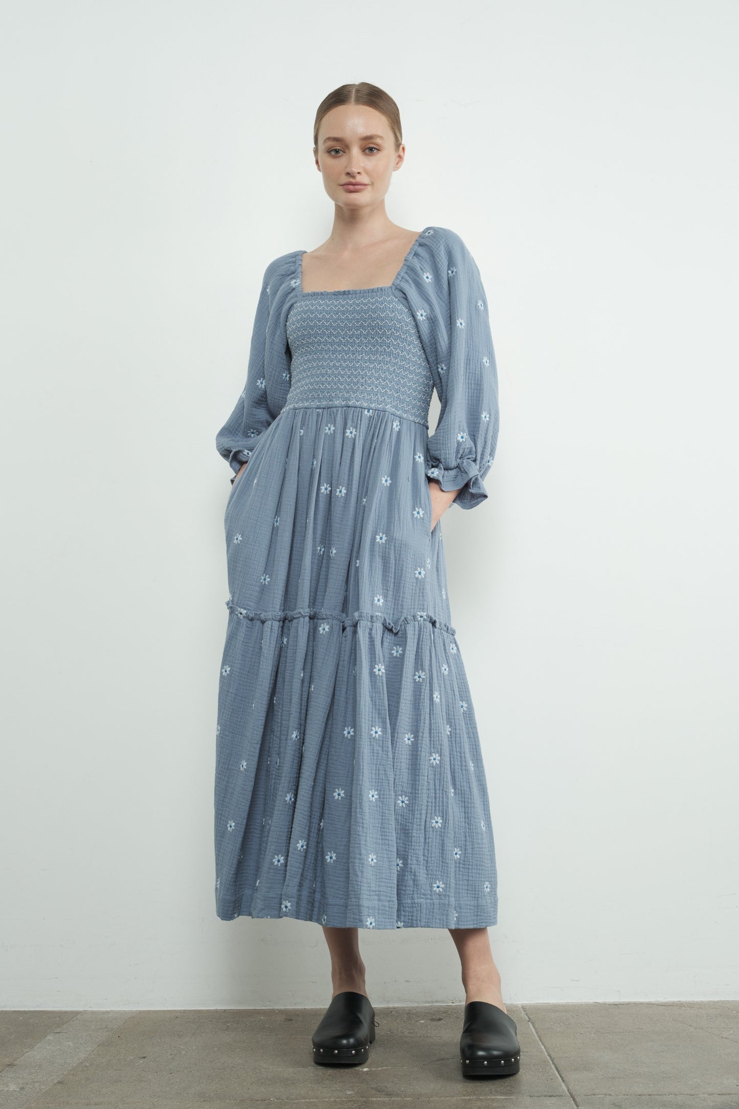 Square Neck Flower Embroidered Maxi Dress