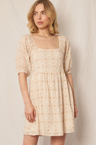 Gingham & Dot Square Neck Mini Dress - Taupe Ivory