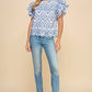 Blue Embroidered Eyelet Ruffle Sleeves Top