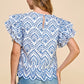 Blue Embroidered Eyelet Ruffle Sleeves Top