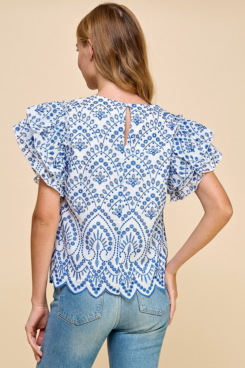 Blue Embroidered Eyelet Ruffle Sleeves Top