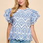 Blue Embroidered Eyelet Ruffle Sleeves Top