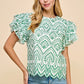 Green Embroidered Eyelet Ruffle Sleeves Top