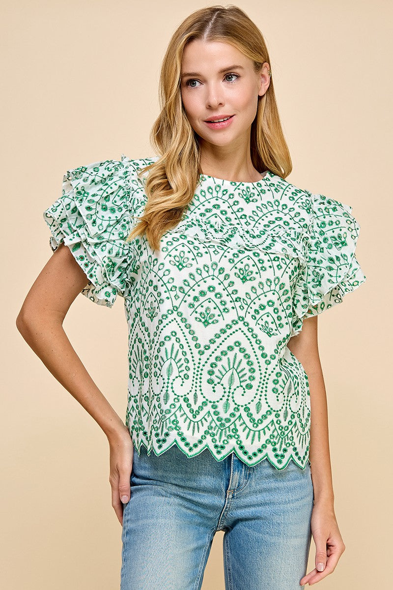 Green Embroidered Eyelet Ruffle Sleeves Top