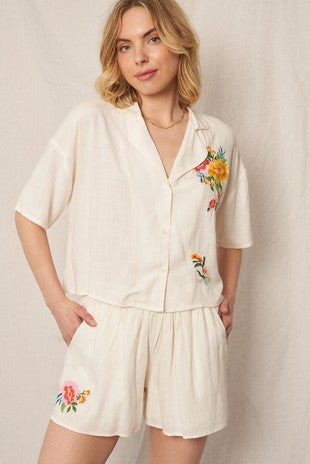 Flower Embroidered Shirt & Short Set - Ivory