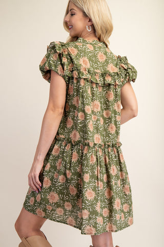 Olive Open Mandarin Collar Puff Sleeve Mini Dress