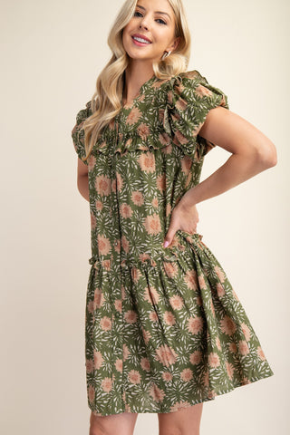 Olive Open Mandarin Collar Puff Sleeve Mini Dress