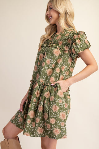 Olive Open Mandarin Collar Puff Sleeve Mini Dress