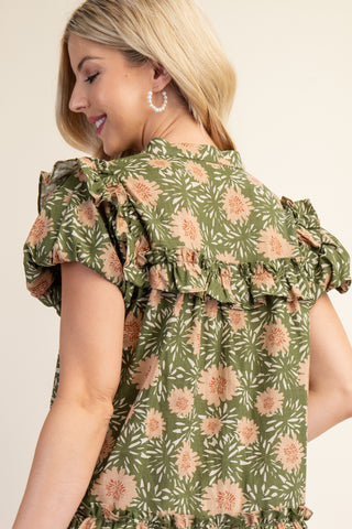 Olive Open Mandarin Collar Puff Sleeve Mini Dress