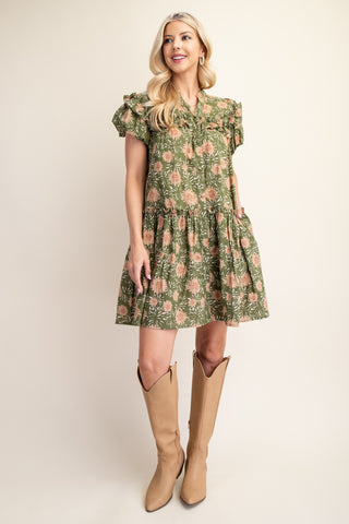 Olive Open Mandarin Collar Puff Sleeve Mini Dress