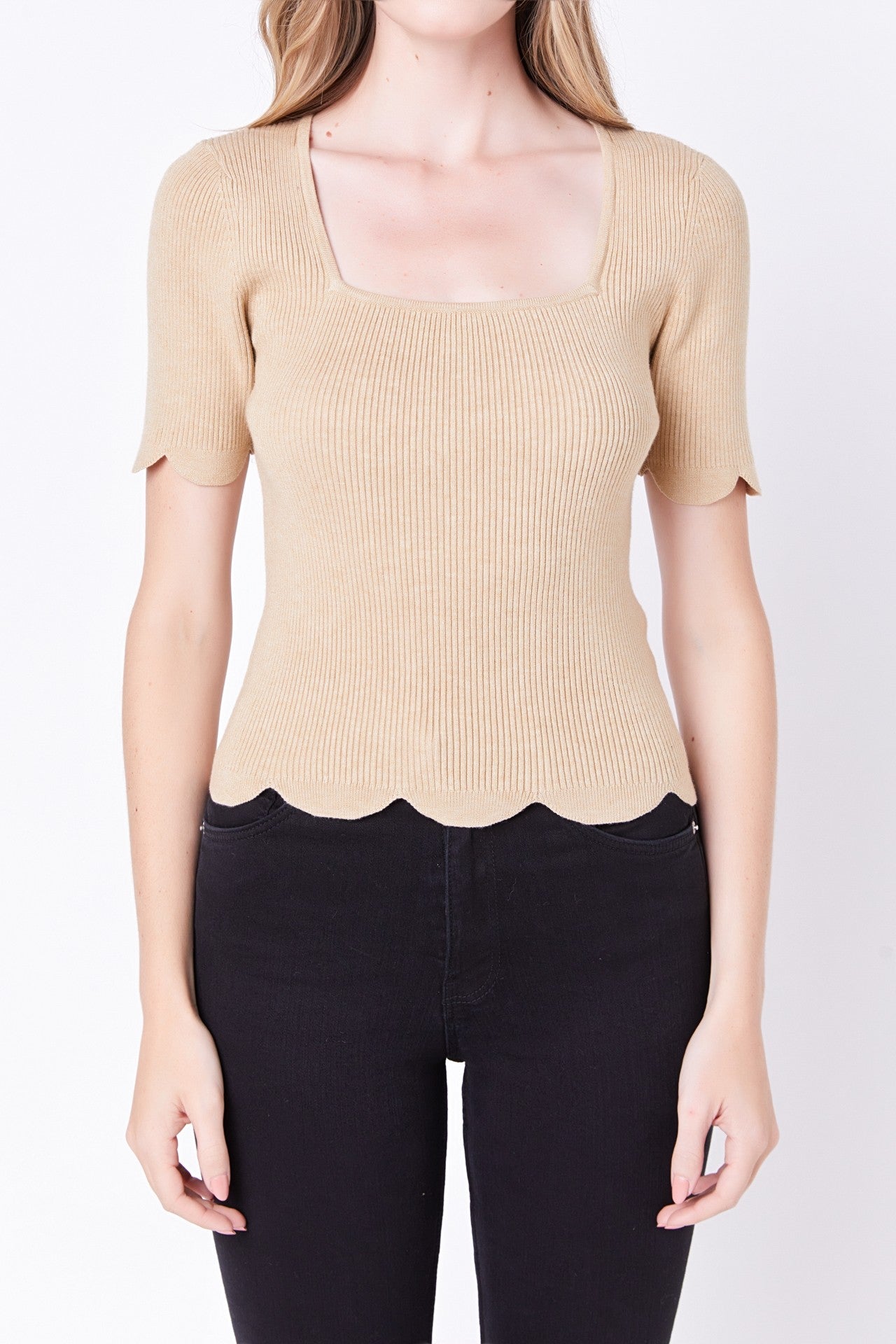 Scallop Hem Square Neck Sweater