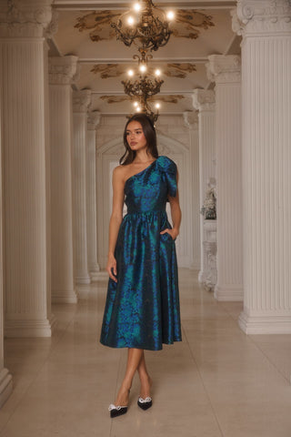 Jacquard Floral Bow Midi Dress