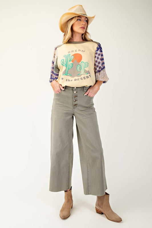 Faded Olive Button Front Wide Leg