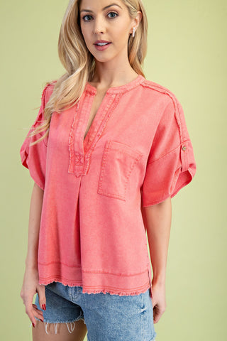 Coral Short Button Roll Sleeves Washed Linen Top