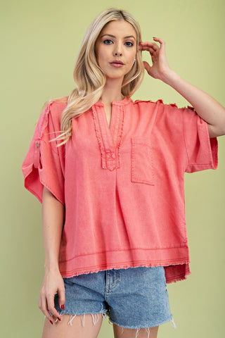 Coral Short Button Roll Sleeves Washed Linen Top